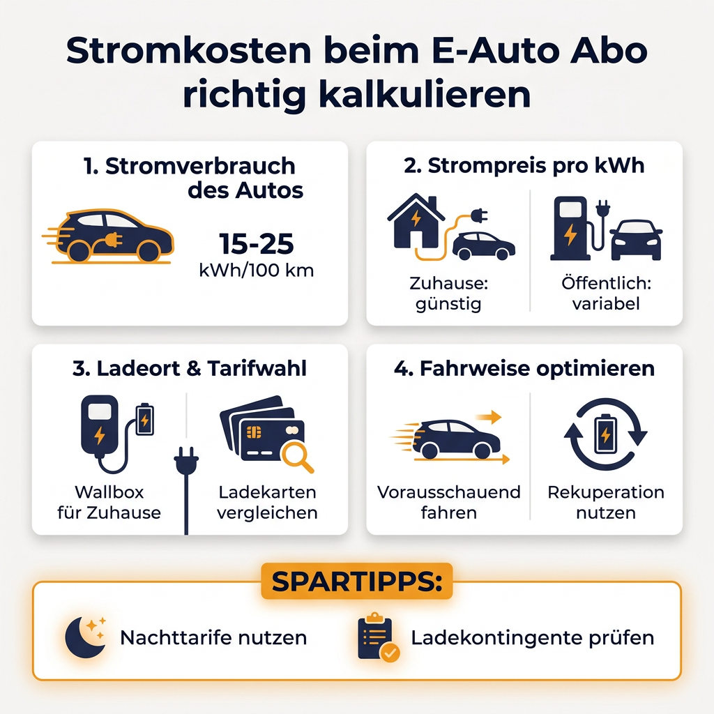 Infografik zur Berechnung der Stromkosten für ein E-Auto Abo, zeigt Stromverbrauch, Strompreise, Ladeorte und Tipps zur Kostenoptimierung.