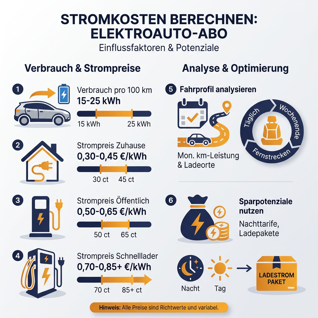 Infografik zur Kalkulation der Stromkosten beim E-Auto Abo mit Tipps zu Verbrauch, Ladeorten und Sparmöglichkeiten.