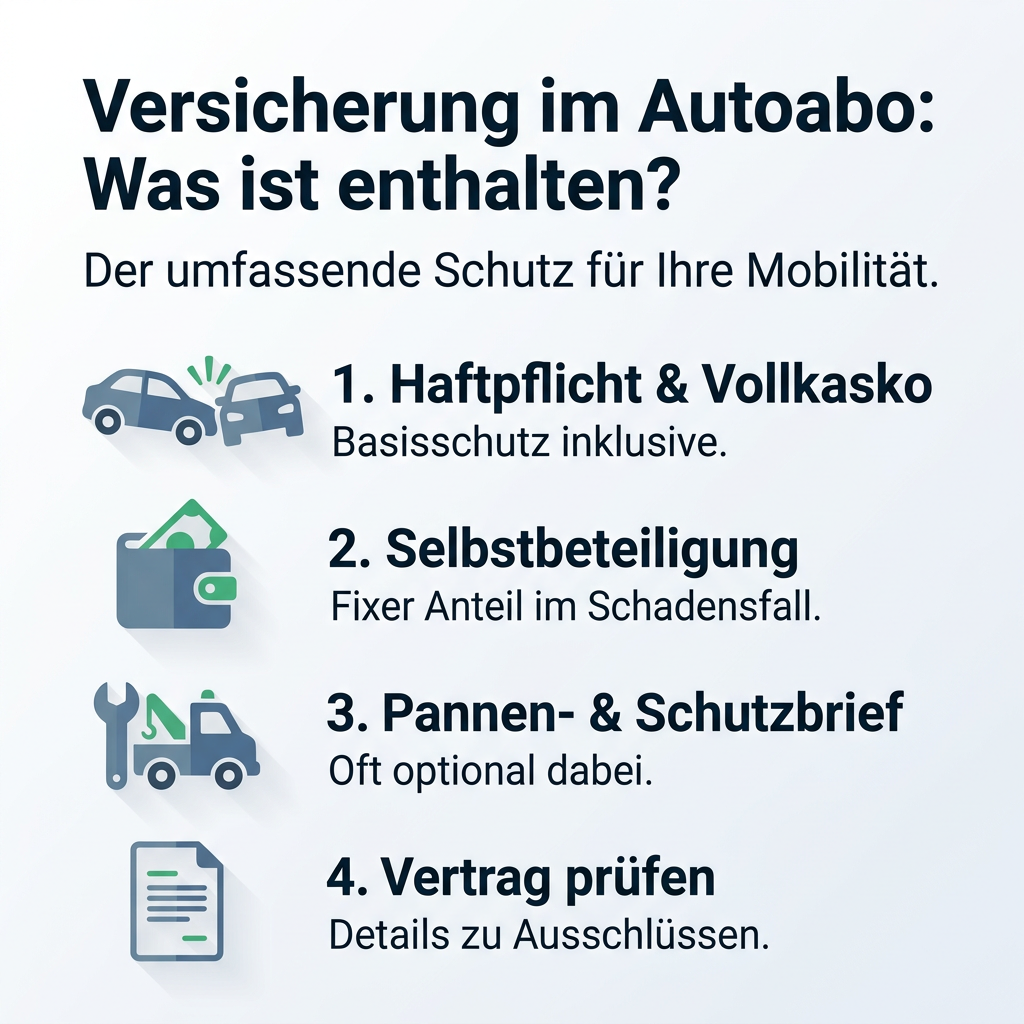 Infografik: Übersicht der Versicherungsleistungen im Autoabo, inklusive Haftpflicht, Vollkasko, Selbstbeteiligung, Pannen- und Schutzbrief sowie dem Hinweis zur Vertragsprüfung.
