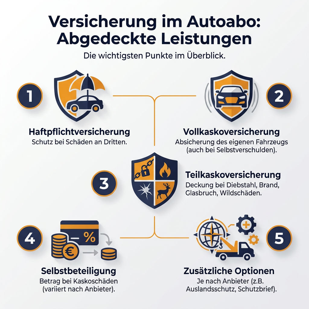 Versicherung im Autoabo: Abgedeckte Leistungen Infografik: Die wichtigsten Punkte zur Versicherung im Autoabo, inklusive Haftpflicht-, Vollkasko- und Teilkaskoversicherung sowie Selbstbeteiligung und zusätzlichen Optionen.