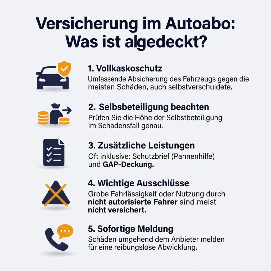 Infografik zur Versicherung im Autoabo, die die wichtigsten Abdeckungen, Selbstbeteiligung, Zusatzleistungen, Ausschlüsse und die Schadensmeldung visualisiert.