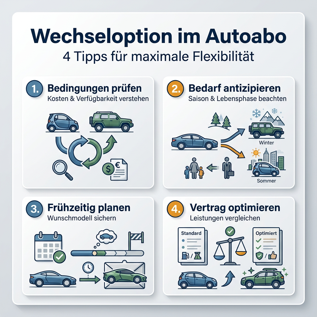 Infografik: 4 Tipps zur cleveren Nutzung der Wechseloption im Autoabo für maximale Flexibilität und optimale Fahrzeugwahl.