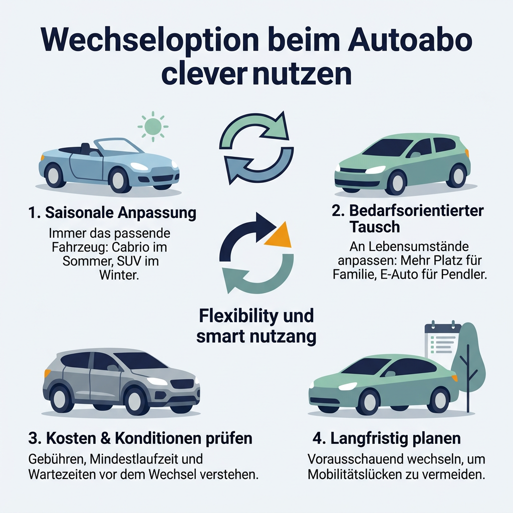 Infografik: So nutzen Sie die Wechseloption beim Autoabo clever für maximale Flexibilität und bedarfsgerechte Mobilität. Mit Tipps zur saisonalen Anpassung und Kostenprüfung.