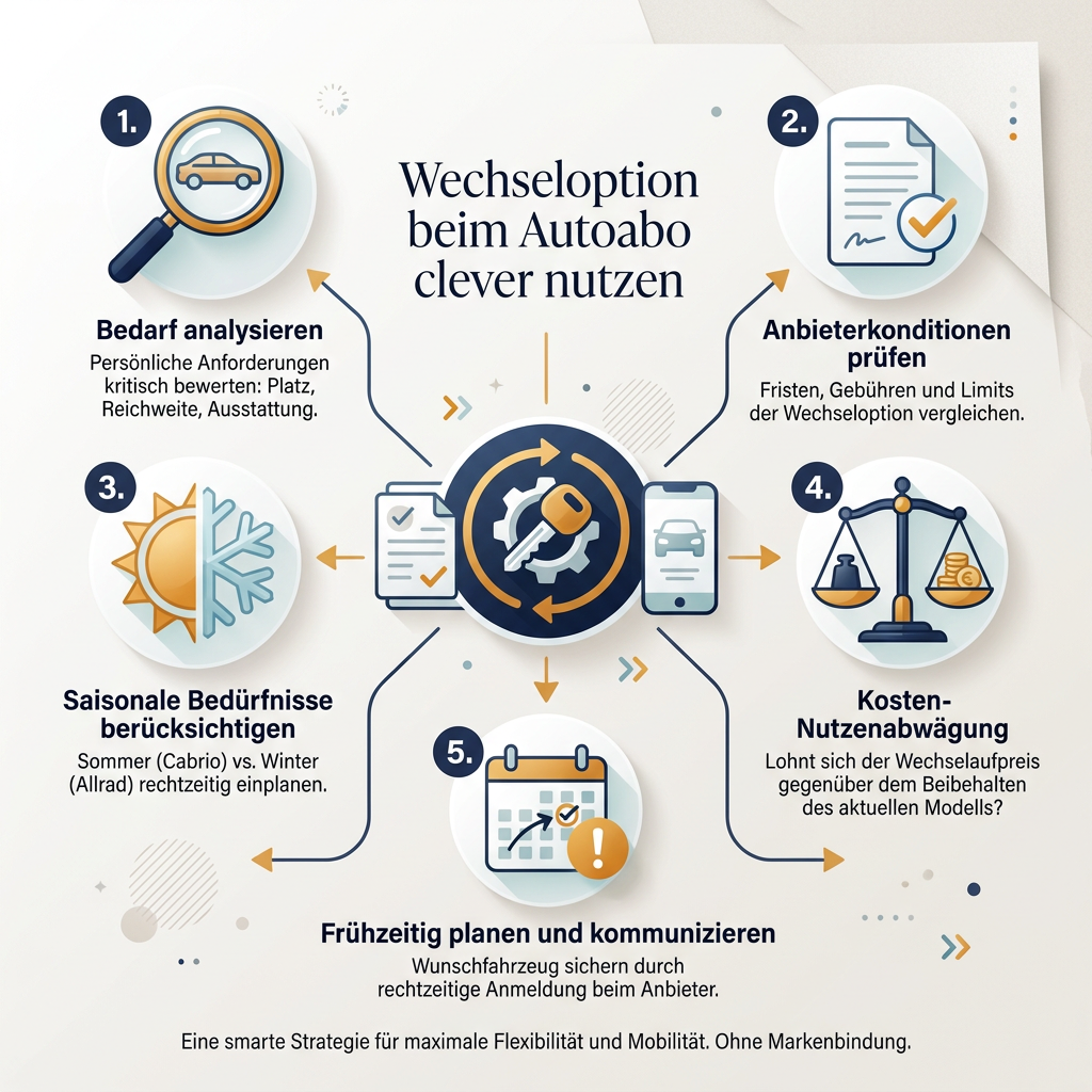 Infografik: So nutzen Sie die Wechseloption Ihres Autoabos clever, mit Tipps zur Bedarfsanalyse, Konditionenprüfung und Kostenabwägung für flexible Mobilität.