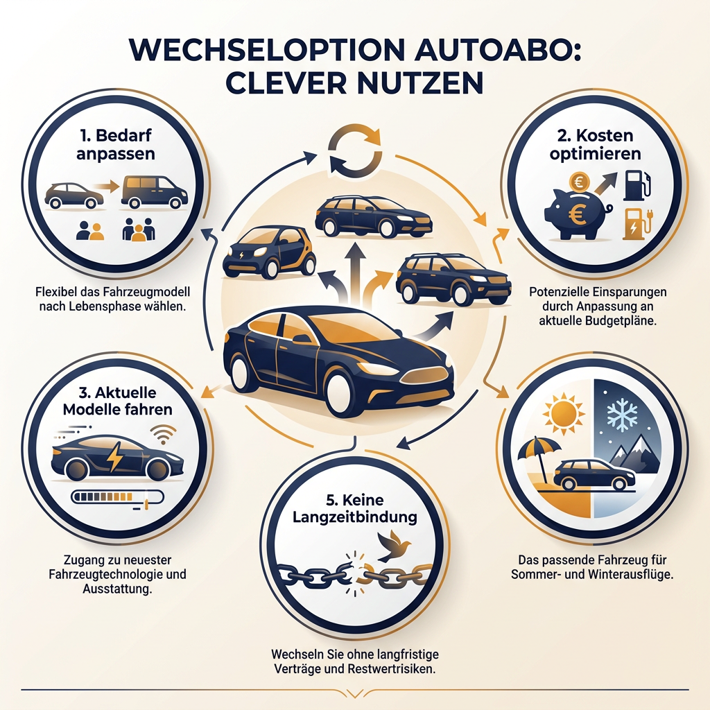 Infografik zur Wechseloption im Autoabo zeigt Vorteile wie Bedarfsanpassung, Kostenoptimierung, aktuelle Modelle und flexible Nutzung.