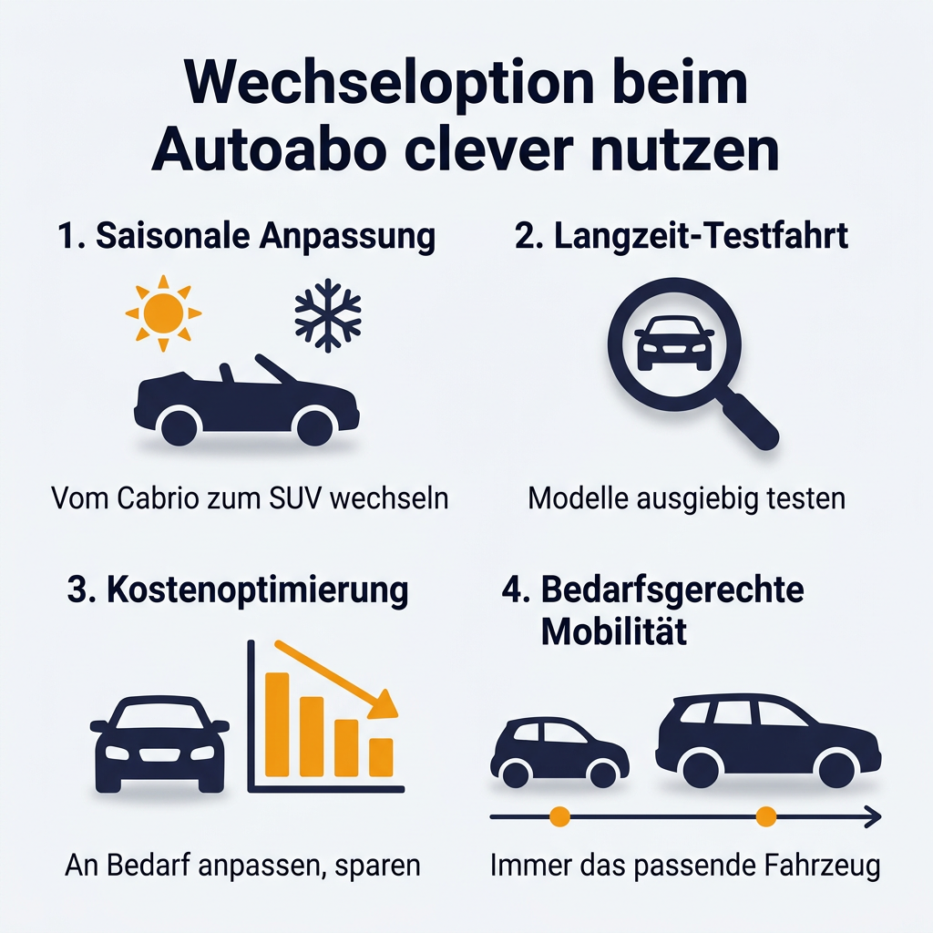 Infografik: Die vier Hauptvorteile der Wechseloption beim Autoabo – saisonale Anpassung, Langzeit-Testfahrt, Kostenoptimierung und bedarfsgerechte Mobilität