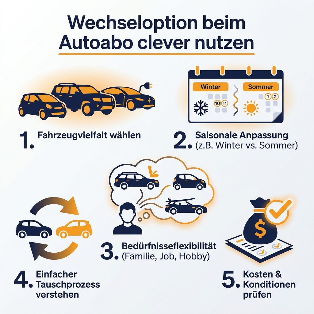 Infografik: Die Vorteile der Wechseloption beim Autoabo, mit Fokus auf Fahrzeugvielfalt, saisonale Anpassung, flexible Bedürfnisse, einfachen Tauschprozess und Kostenprüfung.