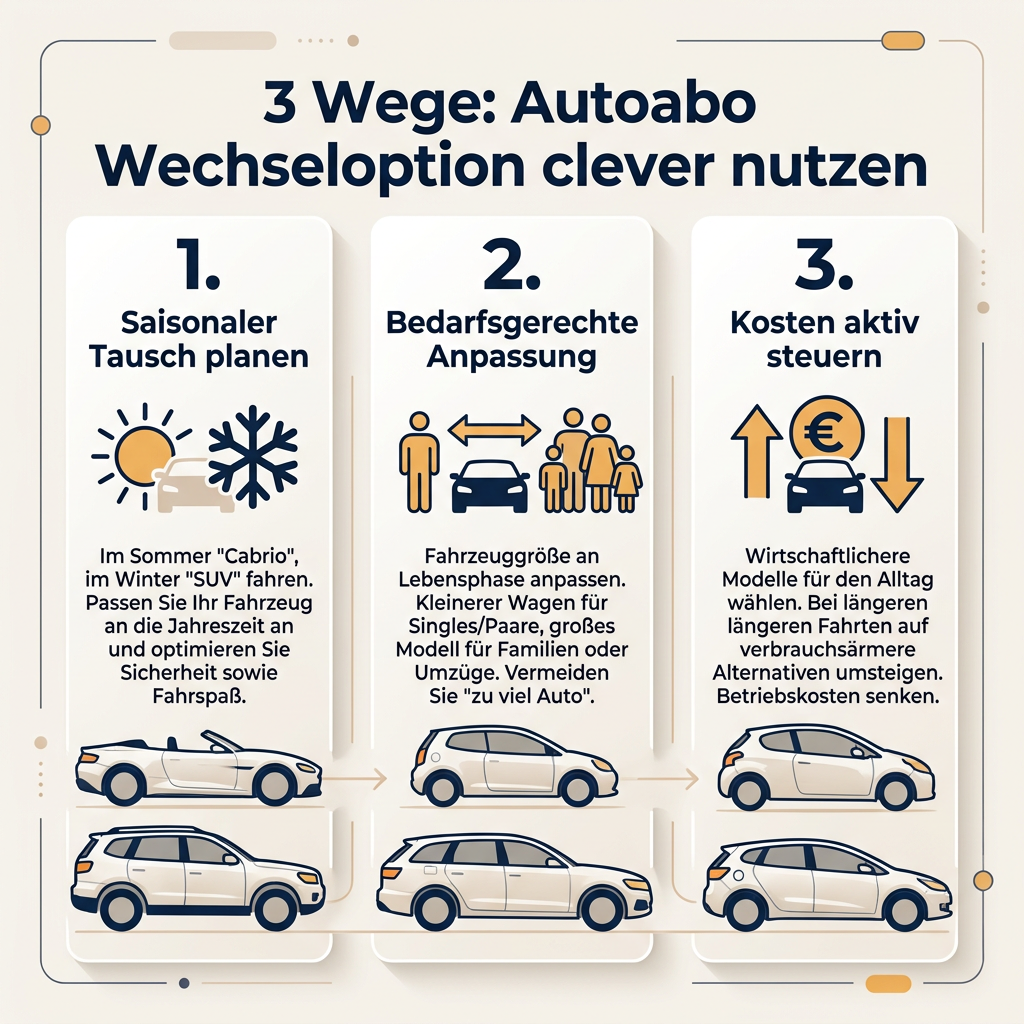 Infografik: Autoabo Wechseloption clever nutzen Infografik: Drei Wege, die Wechseloption im Autoabo clever zu nutzen, inklusive saisonalem Tausch, bedarfsgerechter Anpassung und Kostensteuerung.