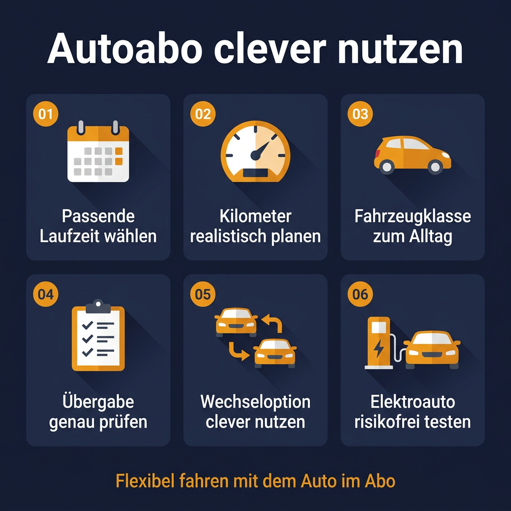Sixt+ Autoabo Tipps – kompakte Übersicht Infografik Sixt+ Autoabo Profi-Tipps: Laufzeit, Kilometerpaket, Fahrzeugklasse, Übergabe, Wechseloption
