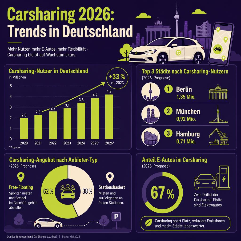 Infografik Carsharing Trends Deutschland 2026 mit Nutzerzahlen, Top-Städten und E-Auto-Anteil