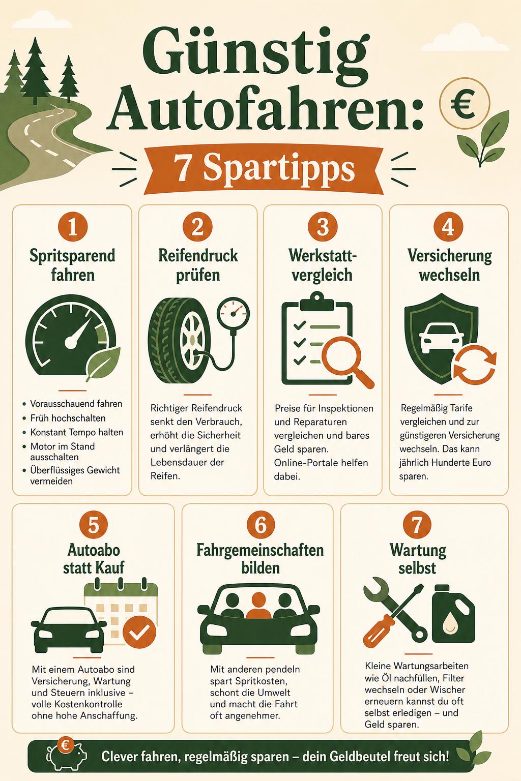 Günstig Autofahren – 7 Spartipps im Überblick Infografik 7 Spartipps für günstiges Autofahren: Spritsparen, Reifendruck, Werkstatt, Versicherung, Autoabo, Fahrgemeinschaften, Wartung